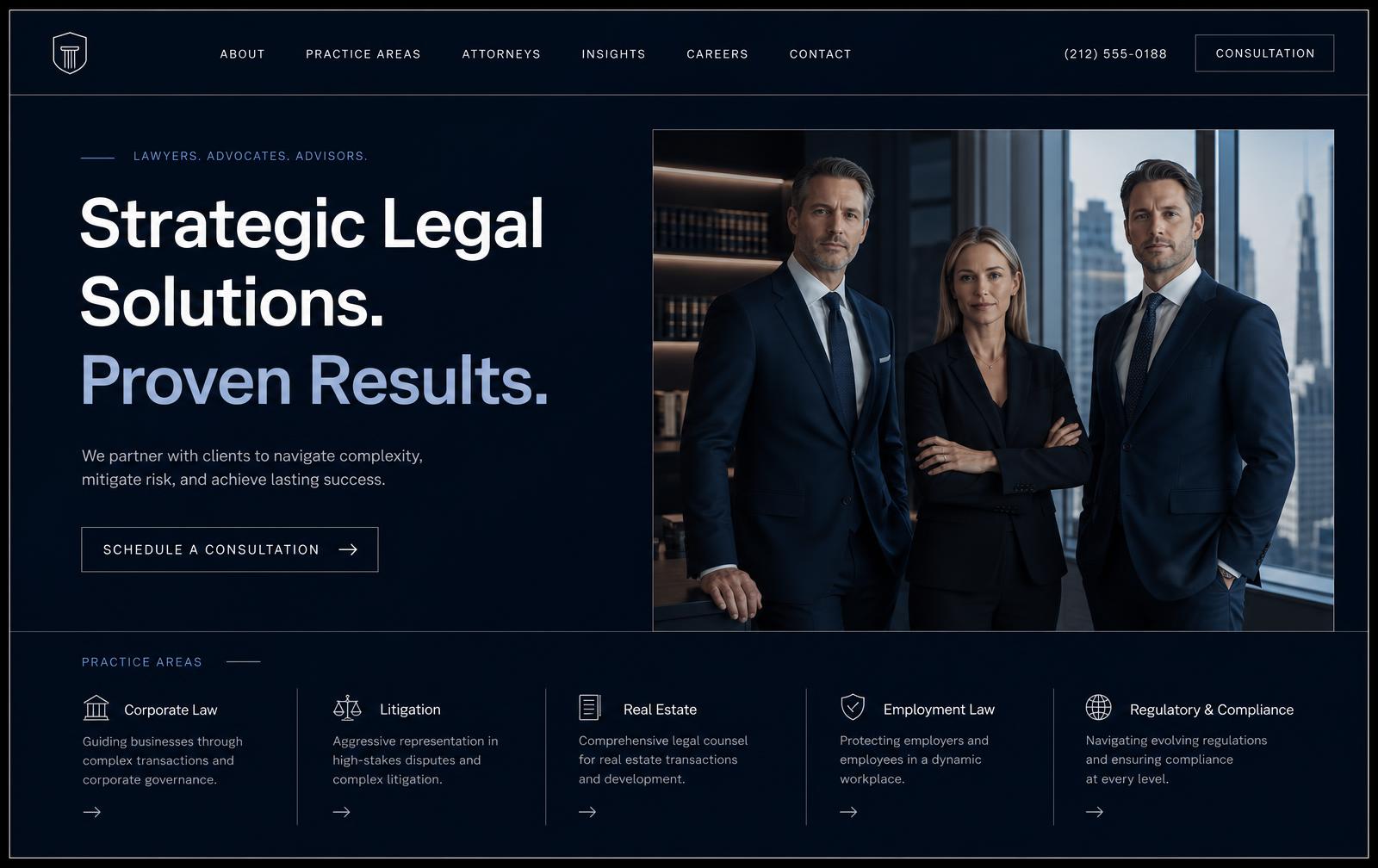 Mockup de site para escritório de advocacia com layout escuro e sofisticado